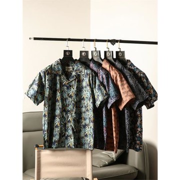 夏季新款日系復古印花男士古巴領純棉夏威夷沙灘休閑短袖襯衫襯衣