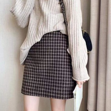 毛呢格子半身裙女2023新款秋冬高腰小個子冬天配毛衣a字裙短裙bm