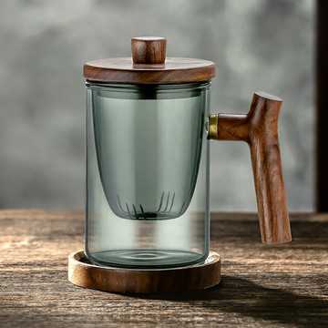 新中式茶水分離玻璃杯子辦公室水杯帶把手過濾綠茶杯泡茶杯喝茶杯