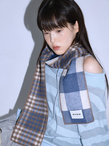 Reversible Checkered Premium Wool Muffler [Blue Brown]
