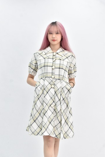 (S) fashion show 格紋短袖白色洋裝