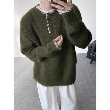 簡約百搭針織上衣男日系休閒黑色設計感鈕扣套頭亨利領毛衣男