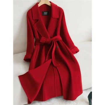 2025冬季新款拉菲紅雙面羊絨大衣女長款系帶收腰正肩羊毛呢外套