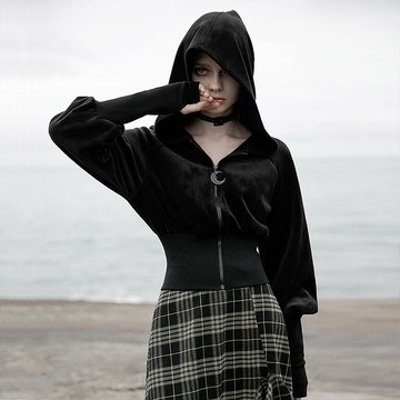 黑夜巫師毛球連帽絲絨短外套