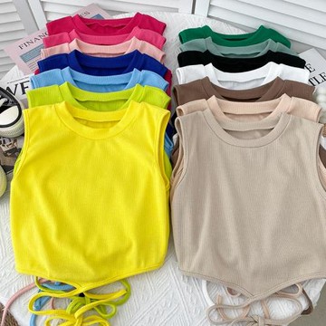 歐美ins性感百搭交叉綁帶圓領無袖背心短款露臍內搭打底衫上衣女