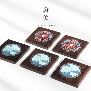 黑檀杯墊創意復古隔熱墊茶道茶藝配件套裝實木功夫茶托6片裝