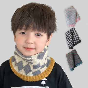 兒童幾何愛心棋盤格柔軟針織圍脖 小童 女童 男童 童裝 圍巾 大紅 過年 新年 聖誕節 交換禮物 保暖 寒流 橘魔法 現貨【BB9246】