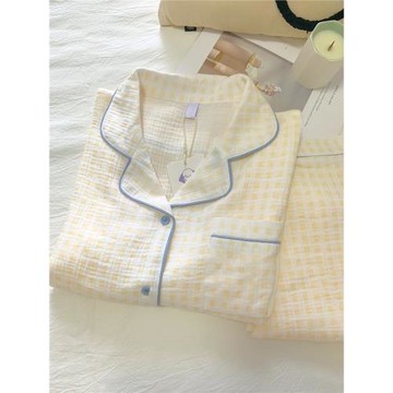 春季長袖格子純棉紗布睡衣女春秋2025新款雙層棉紗家居服套裝春夏