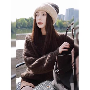 2025冬季新款美拉德復古慵懶高級感小個子寬松加厚咖色麻花毛衣女