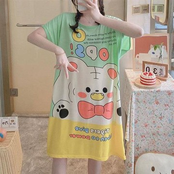 【韓國K.W.】韓國空運徹底征服休閒家居洋裝(棉/棉麻/莫代爾/小香風)睡衣蝴蝶結熊(綠)