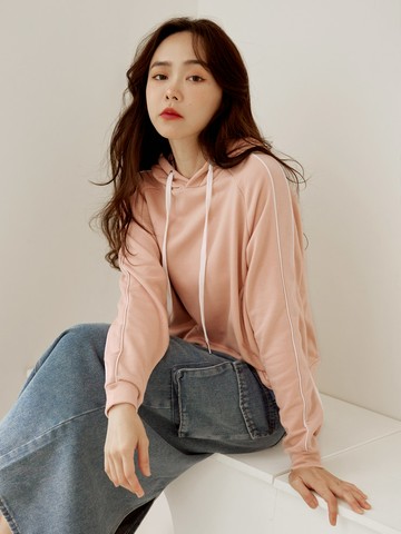 棉質袖上撞色滾邊口袋連帽上衣