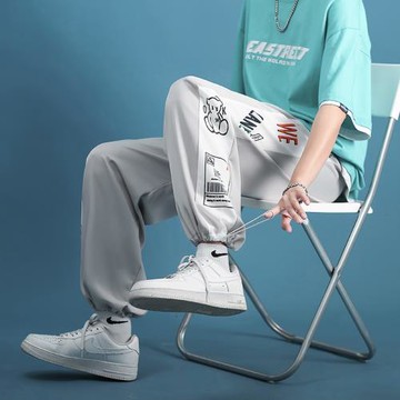 冰絲褲子男夏季小熊印花束腳褲港風ins潮流休閑褲寬松百搭哈倫褲