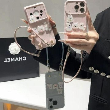 可愛波點小狗掛繩適用蘋果17promax手機iphone16華爲愛心視窗軟殼