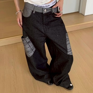 復古格紋大口袋彎刀拼接牛仔褲男美式直筒寬鬆休閒闊腿長褲男