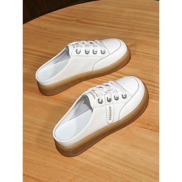 真皮包頭涼拖鞋無后跟女外穿2025新平底百搭半拖小白鞋休閑懶人拖