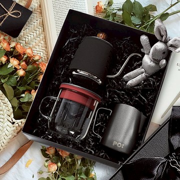 手沖咖啡三件禮盒組(手沖壺-共2色/玻璃杯350ml-共4色/拉花杯-黑) 手沖壺-灰/玻璃杯-黑