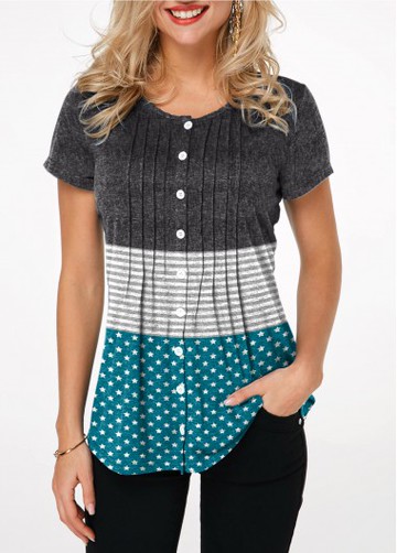 Button Up Round Neck Crinkle Chest T Shirt