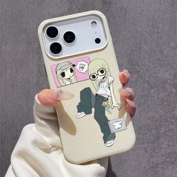 蘋果17手機殼 時尚卡通女孩 適用iPhone16promax 15plus 14 13 12 保護殼 鏤空鏡頭皮紋軟殼