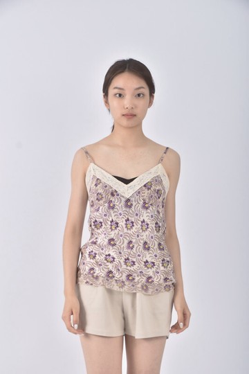 (S) 質感吊帶花紋紫色上衣