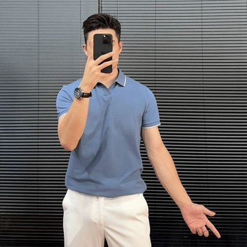 男士大尺碼POLO衫 商務休閒短袖上衣 拼色V領衫男短袖夏季新款高級感時尚潮流修身商務休閒翻領恤0809