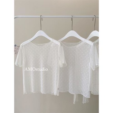 愛心波點圓領短袖蕾絲打底衫女紗衣木耳邊薄款短款韓系疊穿內搭