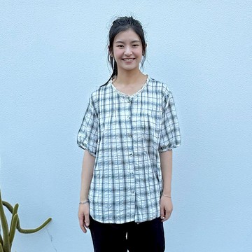 花木馬日系女裝花邊圓領格紋襯衫