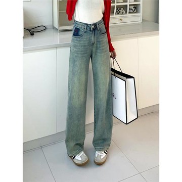 刺繡淺色做舊直筒牛仔褲女2025秋季新款高腰寬松顯瘦窄版闊腿長褲