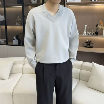 2024秋冬新款小外套毛衣 美式復古休閒慵懶風V領針織衫男素色外套潮