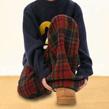 美式復古格子毛呢加絨闊腿褲女冬季慵懶風寬松加厚保暖直筒休閑褲