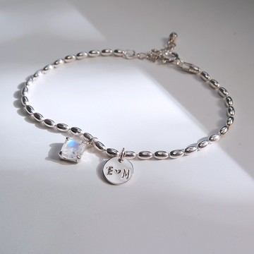 925純銀 方糖 天然石 月光石 圓牌 客製化刻字 手鍊 免費送禮包裝