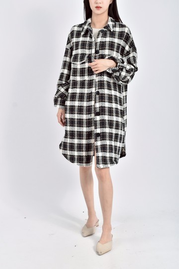 (L) zara質感棉質格紋長版黑色外套