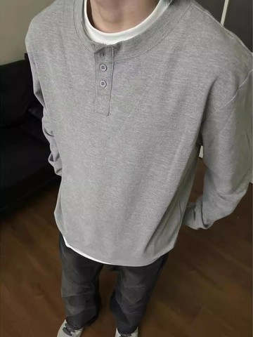 假兩件華夫格長袖T恤男春秋季新款小眾設計亨利領打底針織衫上衣鑫弘-衣錦男裝