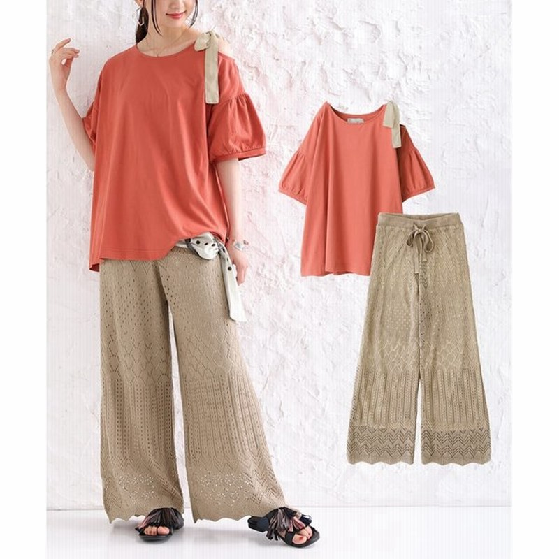 福袋 レディース Tシャツ 半袖 ニットパンツ ワイド サマーニット 透かし編み 肩見せリボンでお洒落さ光るコーデ2点set 返品 交換不可 メール便不可 通販 Lineポイント最大0 5 Get Lineショッピング