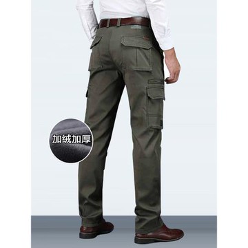 秋冬季加厚加絨工裝褲男休閑褲多口袋高彈力純棉大碼寬松直筒褲子