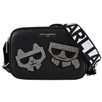 KARL LAGERFELD 水鑽卡爾貓咪圖樣雙層斜背相機包(黑)