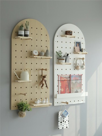 優樂悅~拱形洞洞板定制免打孔墻上收納展示架實木配件小木良品玄關置物架洞洞板