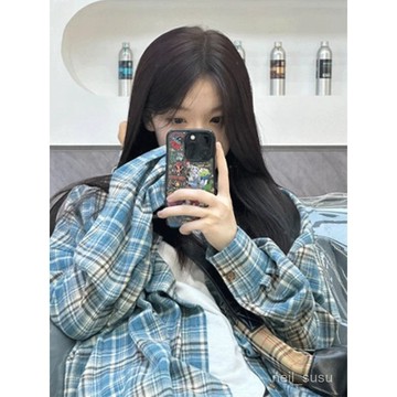 【限時特賣】 襯衫女 女生襯衫 襯衫外套 防曬外套 韓版襯衫 藍色格子襯衫2024早秋文藝復古外穿女寬鬆休閒顯瘦情侶款襯