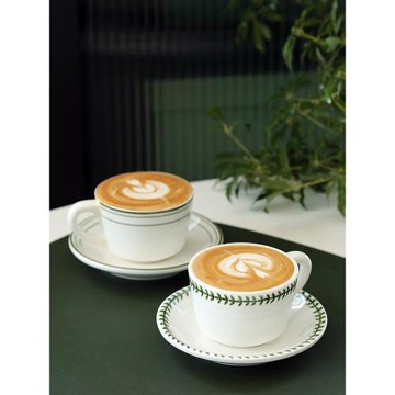 美式陶瓷杯 綠色描邊咖啡杯帶碟 小資下午茶杯子 家用拉花杯220ml