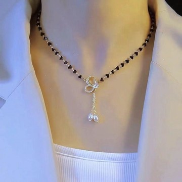 黑水晶 蝴蝶 流蘇 珍珠 項鍊 女 新款 時尚 氣質 高級 水晶 法式 吊墜