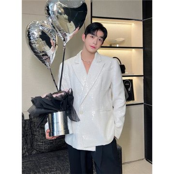 韓版手工亮片設計感西裝外套男小眾高級感炸街氣質時尚白色西服潮