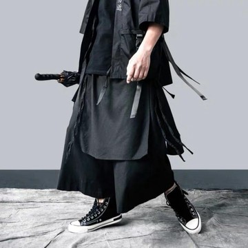 日系寬鬆闊腿褲男士休閒寬鬆哈倫褲裙褲棉麻九分褲 E045