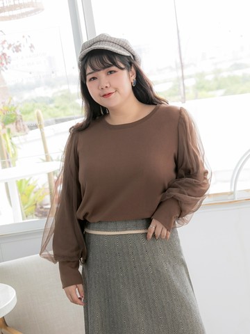 細緻雙層網紗泡泡袖磨毛上衣