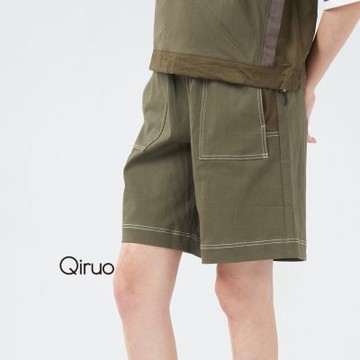 Qiruo 奇若春夏專櫃綠色短褲3004C 素面線條口袋