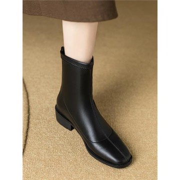 2023新款法式方頭棕色粗跟彈力靴后拉鏈真皮韓版中跟小短靴瘦瘦靴