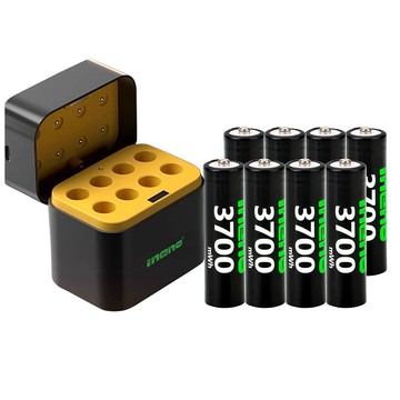iNeno 3號/AA 恆壓可充式1.5V鋰電池全新特大能量3700mWh8入+(3號8槽)AI隨身收納盒充電器