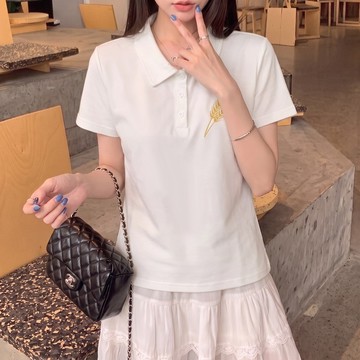 10194L_韓國版簡約百搭polo領短袖t卹夏大尺碼胖MM翻領設計感小眾上衣