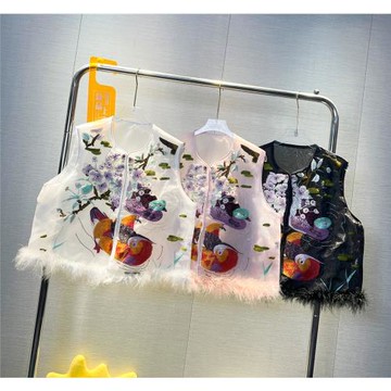 歐洲站2025新輕奢國風歐根紗馬甲女百搭繡花鴕鳥毛拼接馬夾外套潮