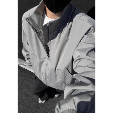 雙拉鍊灰色飛行員夾克男 春秋潮牌美式高街衣服寬鬆高級感痞帥外套