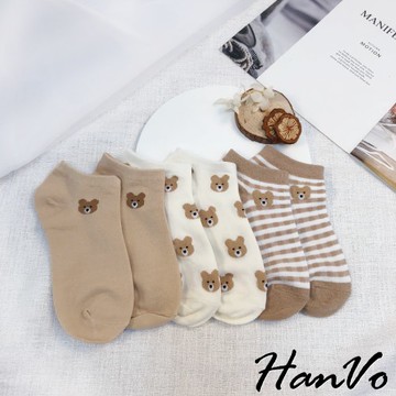 【HanVo】天天出貨 少女必備可愛熊熊短襪 少女襪船型襪 韓系襪子 百搭純棉襪 中筒襪 襪子女 襪子 A12-6053