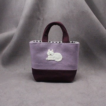 手工刺繡臭臉白貓迷你小廢包/耳機包